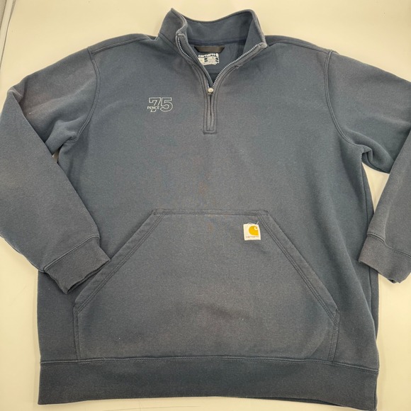 Carhartt Mens XL Blue 1/4 Zip Pullover Sweatshirt Pocket 75 Pence Graphic - Picture 1 of 13